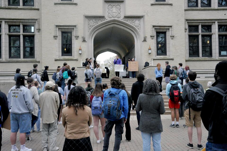 Students and others gathered Thursday on the campus of the College of Wooster to hear speakers talk about health care and the 1973 U.S. Supreme Court decision that legalized abortion.