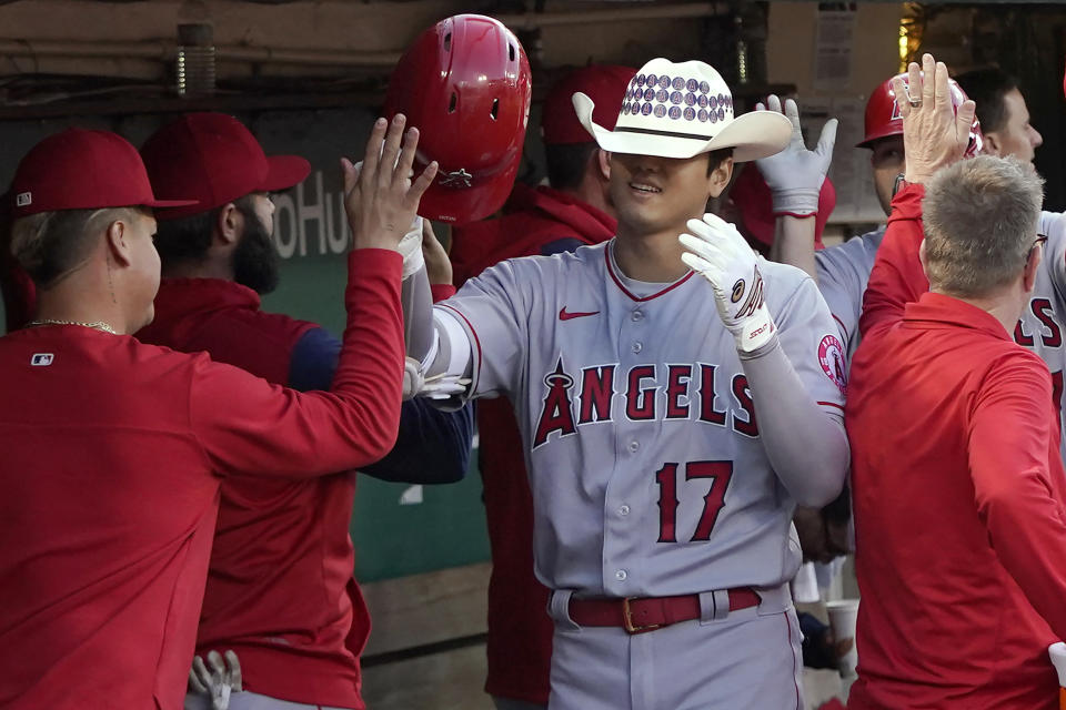 天使球星大谷翔平今完成職業生涯百轟里程碑 (AP Photo/Jeff Chiu)