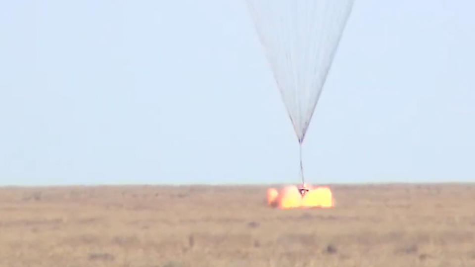 The Russian Soyuz MS-22 space capsule lands on the steppes of Kazakhstan on March 28, 2023.