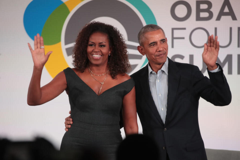 Former U.S. President Barack Obama and his wife Michelle close the Obama Foundation Summit together on the campus of the Illinois Institute of Technology on October 29, 2019 in Chicago, Illinois. The Summit is an annual event hosted by the Obama Foundation. (Photo by Scott Olson/Getty Images)