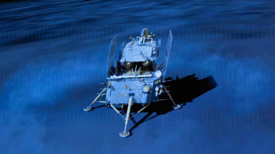 an illustration of a cube-shaped spacecraft landing on a gray dusty moon