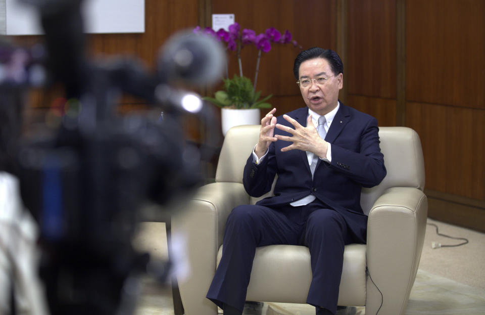 Taiwanese Foreign Minister Joseph Wu speaks during an interview with The Associated Press at his ministry in Taipei, Taiwan, Friday, May 17, 2024. (AP Photo/Chiang Ying-ying)