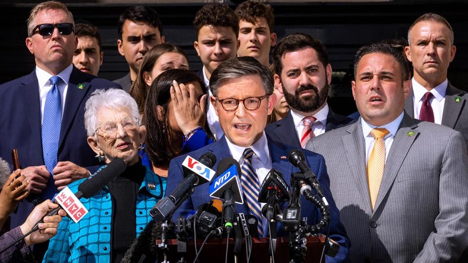 <div>Speaker of the House Mike Johnson (R-LA) speaks during a press conference at Columbia University on April 24, 2024 in New York City. (Photo by Alex Kent/Getty Images)</div>