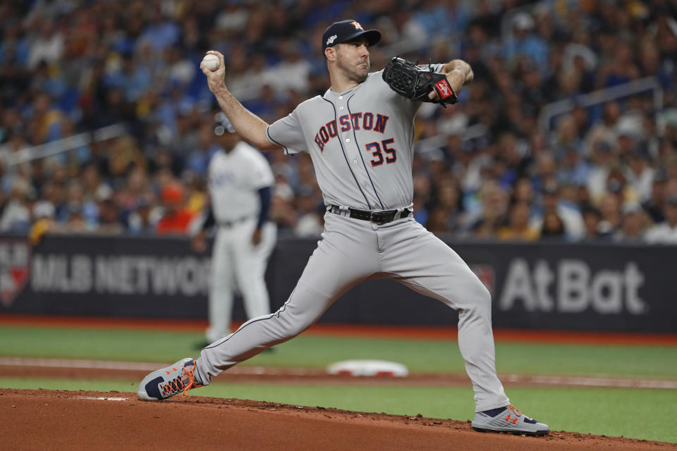 Houston Astros' Justin Verlander pitches against the Tampa Bay Rays in the first inning of Game 4 of a baseball American League Division Series, Tuesday, Oct. 8, 2019, in St. Petersburg, Fla. (AP Photo/Scott Audette)