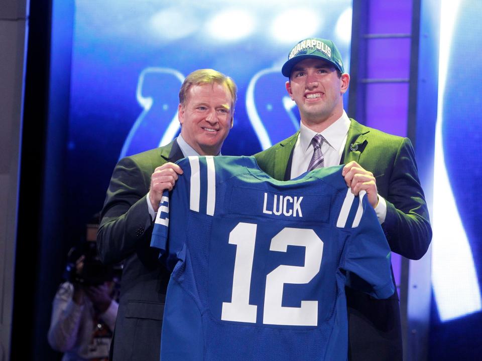 Andrew Luck is selected with the first overall pick of the 2012 NFL Draft by the Indianapolis Colts.