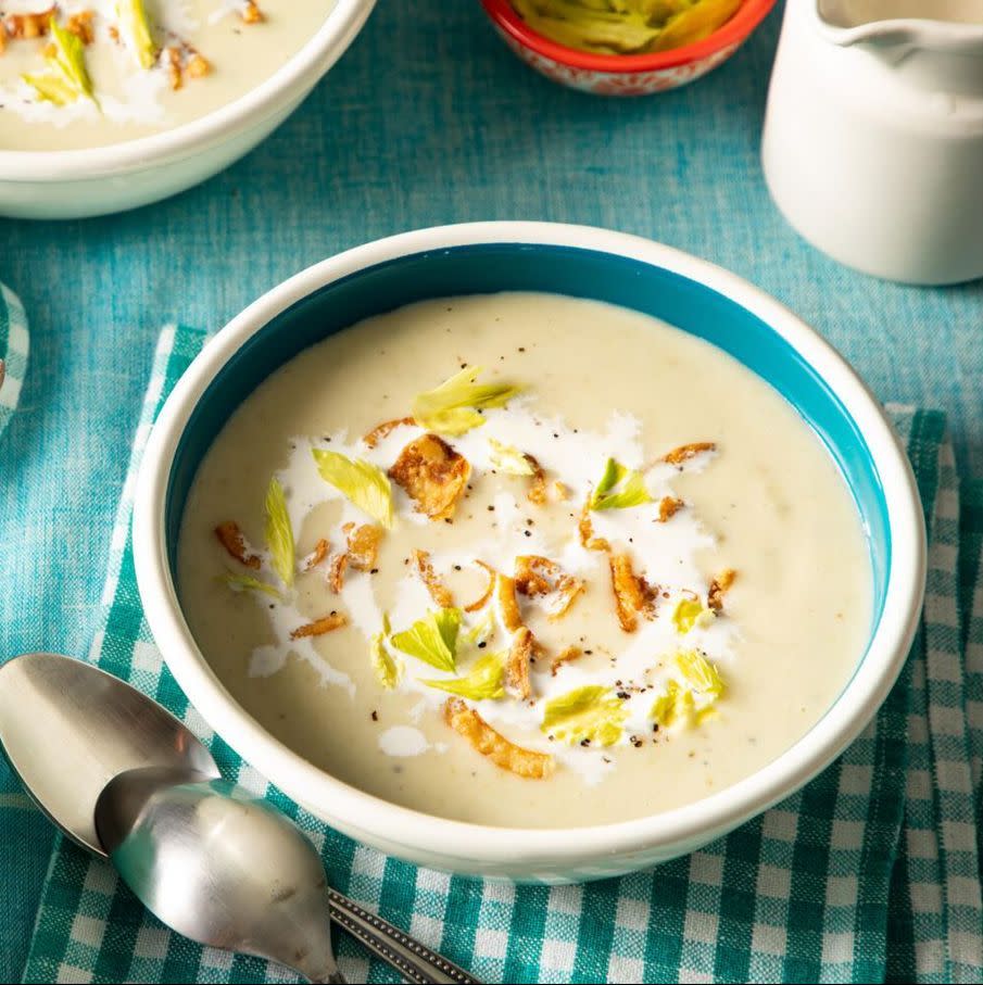 potato leek soup with blue background