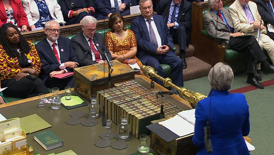 Labour leader Jeremy Corbyn listens to Prime Minister Theresa May during her last Prime Minister's Questions in the House of Commons, London.