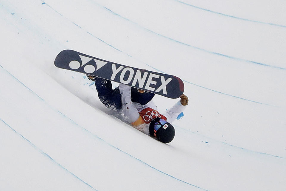 <p>Yuto Totsuka, of Japan, crashes during the men’s halfpipe finals at Phoenix Snow Park at the 2018 Winter Olympics in Pyeongchang, South Korea, Wednesday, Feb. 14, 2018. (AP Photo/Gregory Bull) </p>