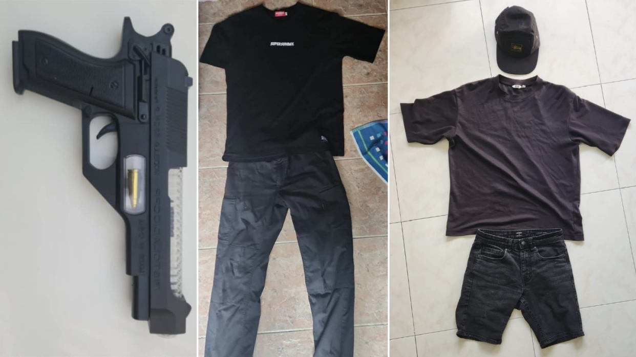 Seized toy gun from prank (left), seized attire of teenager who allegedly held toy gun (middle) and seized attire of teenager who recorded prank (right)