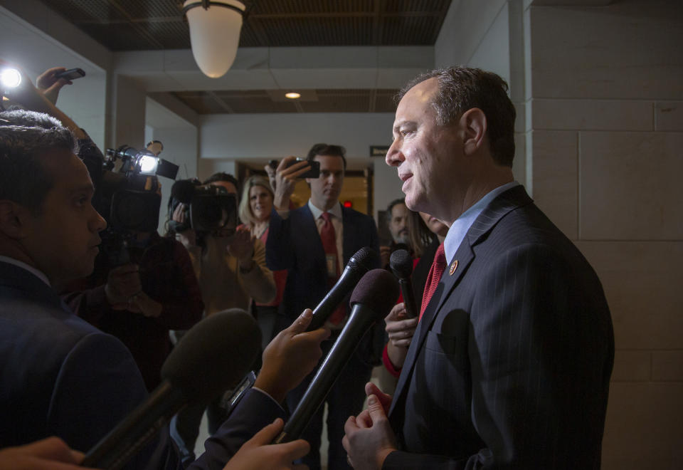 Rep. Adam Schiff, D-Calif., in line to become chairman of the House Intelligence Committee, speaks to reporters at the Capitol before a classified briefing by CIA Director Gina Haspel to the House leadership about the murder of journalist Jamal Khashoggi and the involvement by the Saudi crown prince Mohammed bin Salman, in Washington, Wednesday, Dec. 12, 2018. (AP Photo/J. Scott Applewhite)