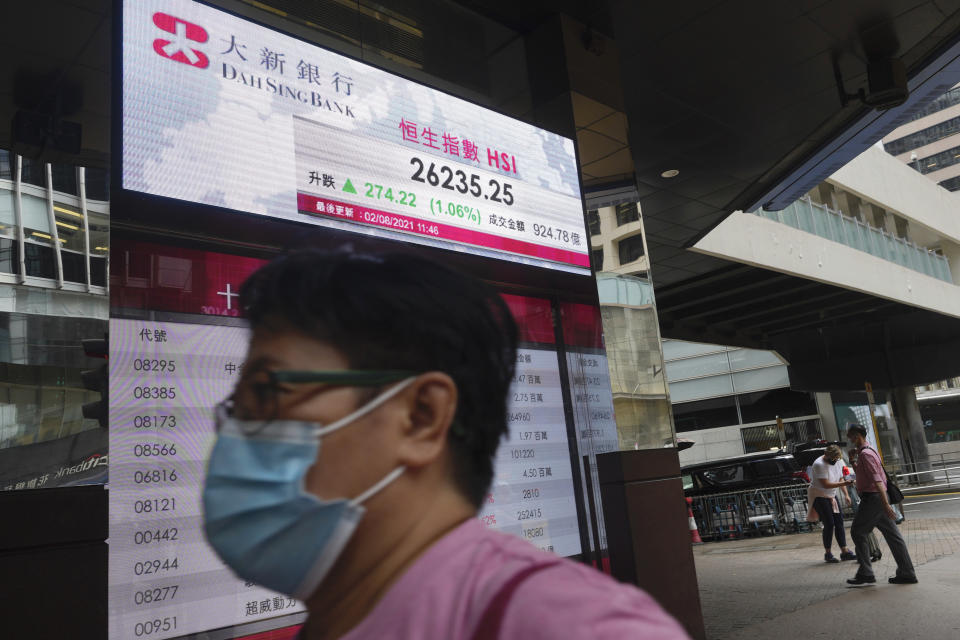 A man walks past a bank's electronic board showing the Hong Kong share index at Hong Kong Stock Exchange in Hong Kong Monday, Aug. 2, 2021. Asian stocks have started the week higher, even as China reported a slowdown in manufacturing activity and countries in the region continue to be hammered by the delta variant. (AP Photo/Vincent Yu)