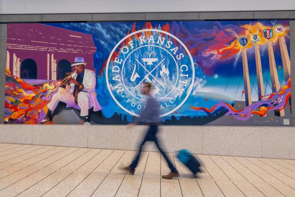 “Made in KC” made by Kansas City artists Isaac Tapia and Rodrigo “Rico” Alvarez is one of the many murals the duo have painted in the terminal at Kansas City International Airport. Emily Curiel/ecuriel@kcstar.com