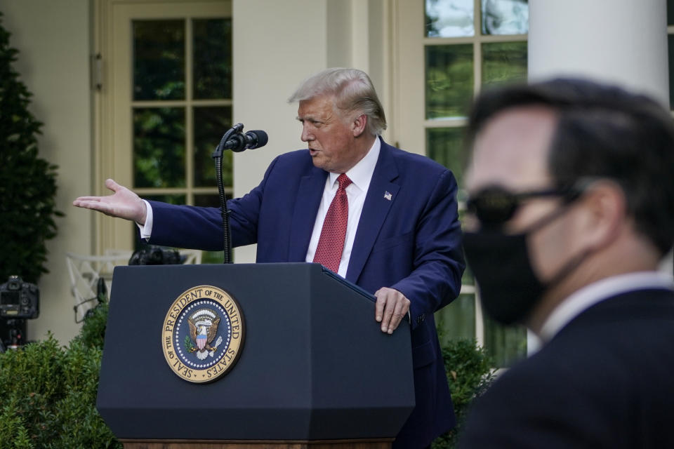 WASHINGTON, DC - JULY 14: U.S. President Donald Trump speaks to the media in the Rose Garden at the White House on July 14, 2020 in Washington, DC. President Trump spoke on several topics including Democratic presidential candidate Joe Biden, the stock market and relations with China as the coronavirus continues to spread in the U.S., with nearly 3.4 million confirmed cases. (Photo by Drew Angerer/Getty Images)