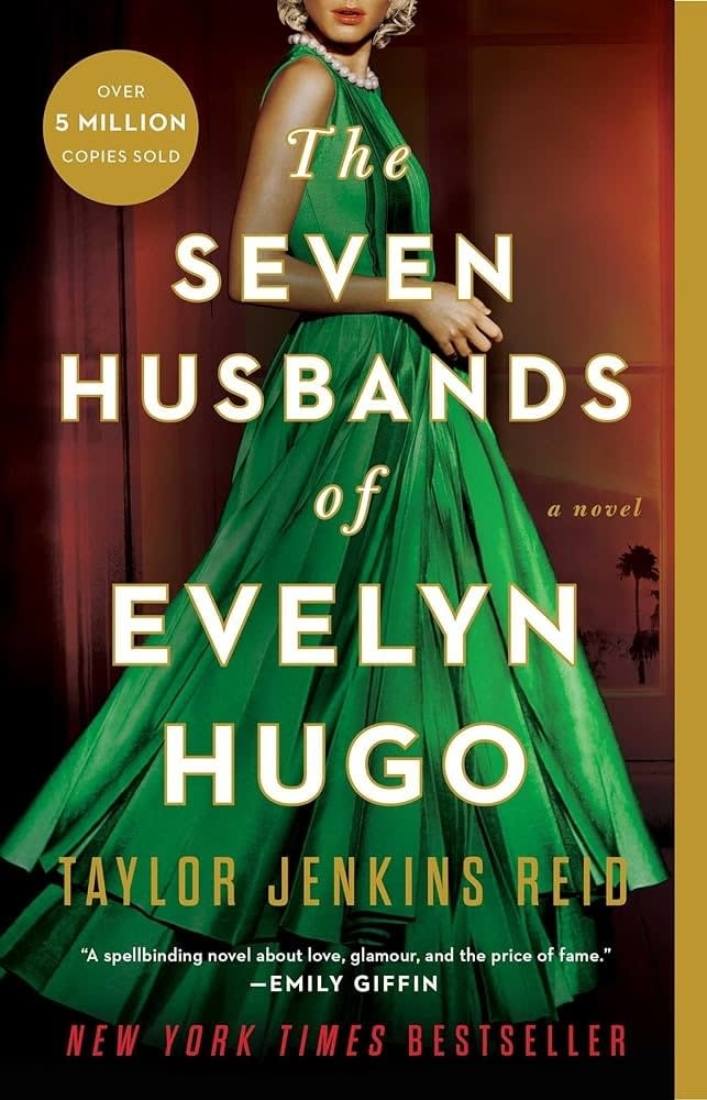 Cover of "The Seven Husbands of Evelyn Hugo" by Taylor Jenkins Reid, with accolades and a title emblem