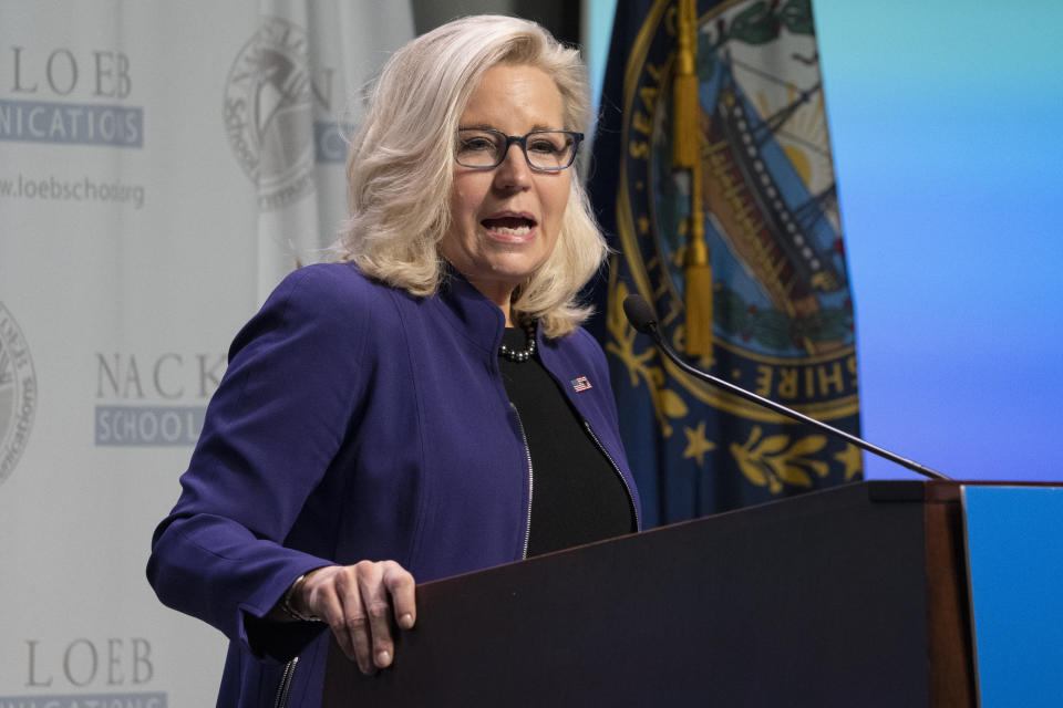 In this Nov. 9, 2021, photo, Rep. Liz Cheney, R-Wyo., speaks during the Nackey S. Loeb School of Communications' 18th First Amendment Awards at the NH Institute of Politics at Saint Anselm College in Manchester, N.H. In the past week, Republican Rep. Paul Gosar tweeted a video showing a character with his face killing a figure with Rep. Alexandria Ocasio-Cortez's face. Several of the 13 House Republicans who backed a bipartisan infrastructure bill said they faced threats after their vote. In one profanity-laced voicemail, a caller labeled Rep. Fred Upton a “traitor” and wished death for the Michigan Republican, his family and staff. (AP Photo/Mary Schwalm)