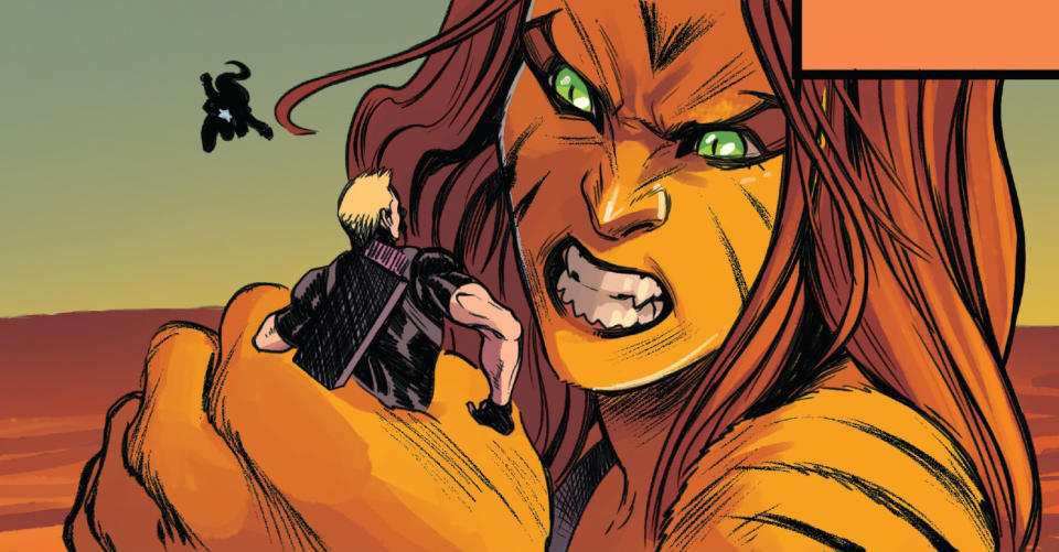 An illustration shows Tigra holding Hawkeye in her hand