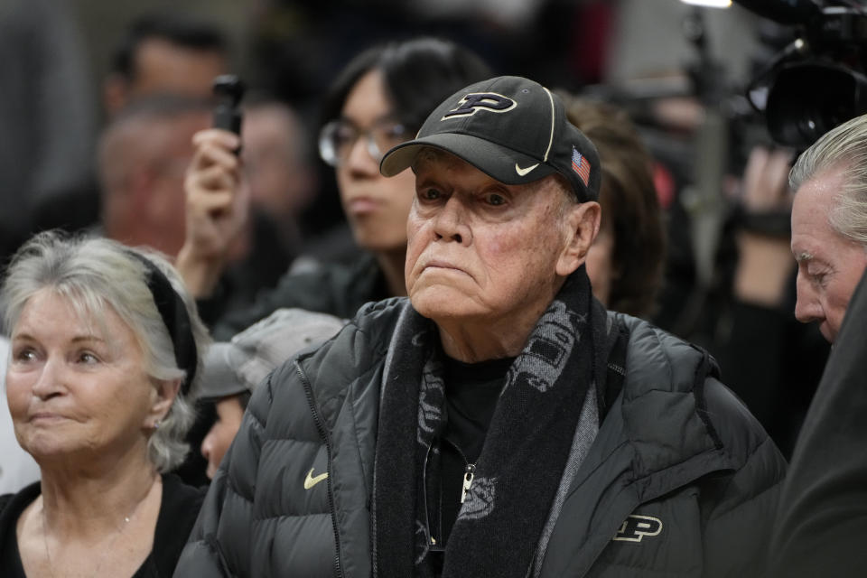 Former Purdue men's basketball coach Gene Keady is seen after the second half of an Elite Eight college basketball game between Purdue and Tennessee in the NCAA Tournament, Sunday, March 31, 2024, in Detroit. (AP Photo/Paul Sancya)