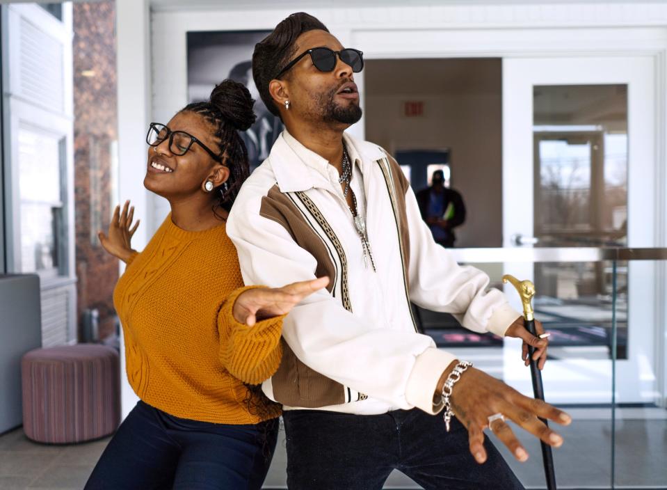 Nora B., left, of Detroit and Drey Skonie of Detroit rehearse a group number in the Hitsville Next building at Detroit's Motown Museum on Thursday, March 9, 2023, ahead of the "Amplify" singing competition finale.