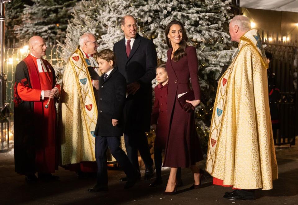 london, england december 15 prince george of wales, prince william, prince of wales, princess charlotte of wales and catherine, princess of wales attend the together at christmas carol service at westminster abbey on december 15, 2022 in london, england photo by samir husseinwireimage