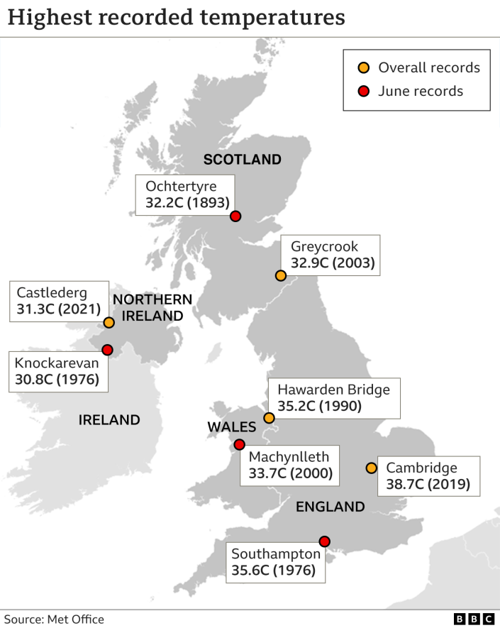 Mapa que muestra las temperaturas más altas en Gran Bretaña