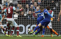 <p>Leicester’s Jamie Vardy scores his side’s third goal during the English Premier League soccer match between West Ham and Leicester City at London Stadium in London, Saturday, March 18, 2017. (AP Photo/Frank Augstein) </p>