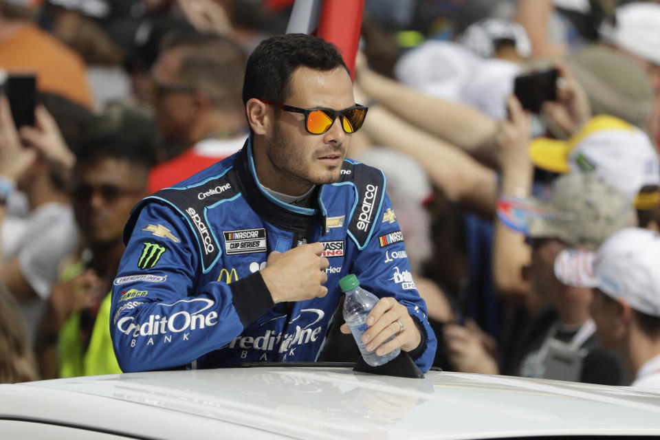 Kyle Larson before the NASCAR Daytona 500 auto race Sunday, Feb. 16, 2020, at Daytona International Speedway in Daytona Beach, Fla. (AP Photo/Chris O'Meara)