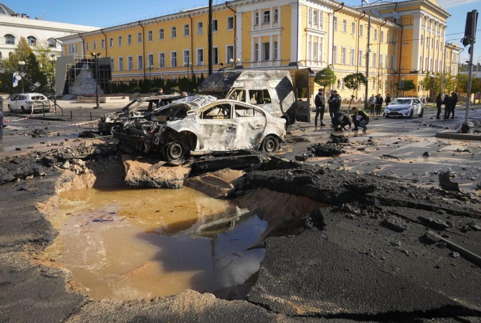 Husks of cars destroyed by Russian attack on Kyiv, Ukraine