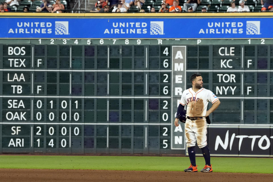 Houston Astros' Jose Altuve waits for Baltimore Orioles relief pitcher Cionel Perez to warm up during the ninth inning a baseball game Tuesday, Sept. 19, 2023, in Houston. The Orioles won 9-5. (AP Photo/David J. Phillip)