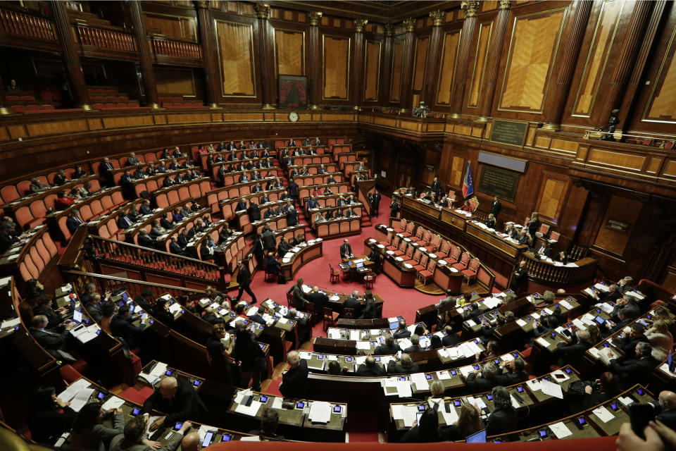 A view of the Italian Senate during the debate on whether to allow opposition populist leader Matteo Salvini to be prosecuted – as he demands to be -- for alleging holding migrants hostage for days aboard a coast guard ship instead of letting them immediately disembark in Sicily while he was interior minister. (AP Photo/Andrew Medichini)