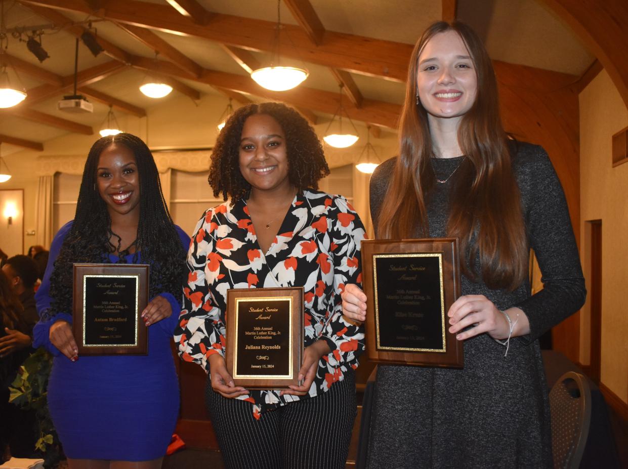 Local college and university students are recognized annually at Adrian's Martin Luther King Jr. Day Celebration and Dinner, earning Student Awards. The awardees for 2024, who received their awards and recognition Monday, Jan. 15, 2024, are, from left, Autumn Bradford, Siena Heights University; Juliana Reynolds, Adrian College; and Elise Kruse, middle college student at Jackson College/Lenawee Intermediate School District (LISD) Academy.