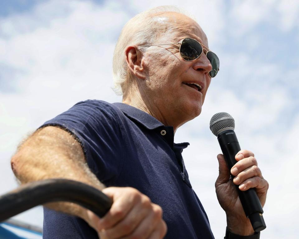 Democratic presidential candidate former Vice President Joe Biden speaks at the Des Moines Register Soapbox during a visit to the Iowa State Fair, Thursday, Aug. 8, 2019, in Des Moines, Iowa.