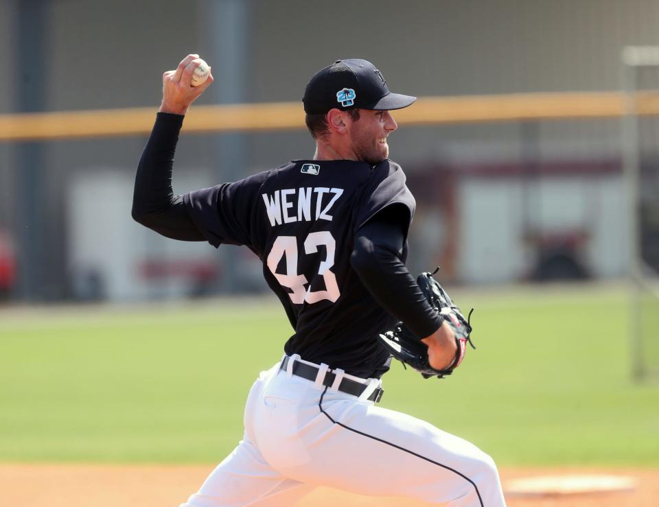Detroit Tigers pitcher Joey Wentz throws live batting practice during spring training at TigerTown in Lakeland, Fla., on Thursday, Feb. 23, 2023.