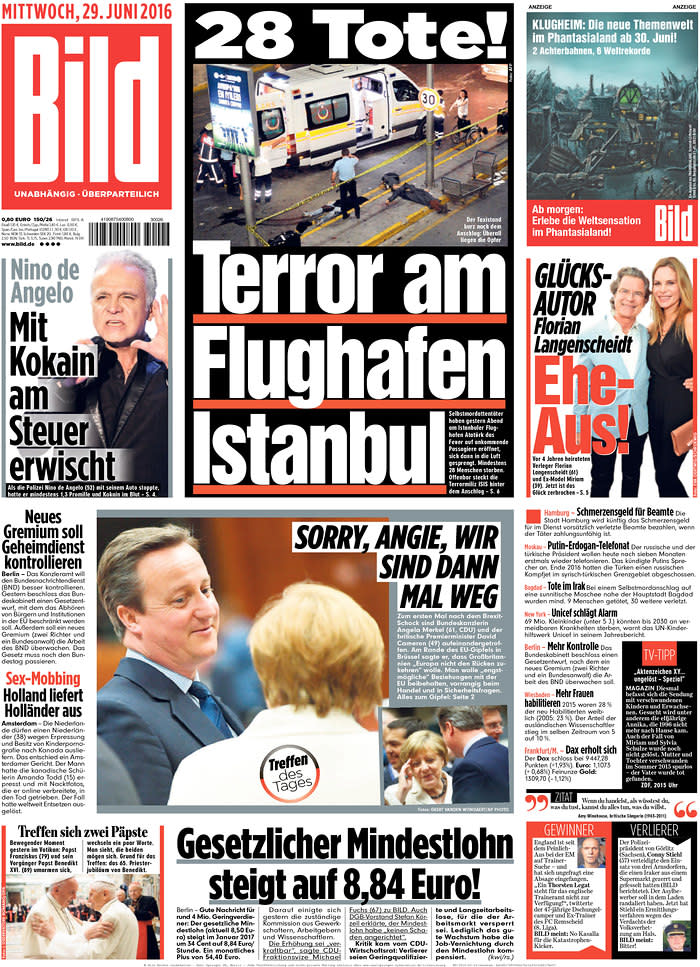 Front-page coverage of Istanbul's Ataturk Airport attack