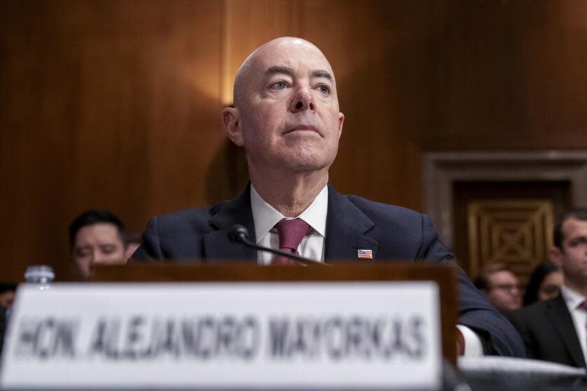 FILE - Secretary of Homeland Security Alejandro Mayorkas testifies during a Senate Homeland Security and Governmental Affairs Committee hearing on threats to the homeland, Oct. 31, 2023, on Capitol Hill in Washington. As Republicans in the House of Representatives threaten to make Mayorkas the first Cabinet official impeached in nearly 150 years, Mayorkas says, in a wide-ranging interview with The Associated Press, he is "totally focused on the work" that his agency of 260,000 people conducts and not distracted by the politics of impeachment. (AP Photo/Stephanie Scarbrough, File)