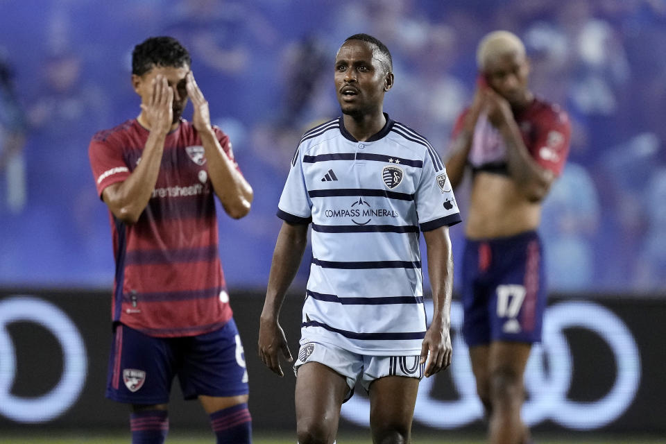 Sporting Kansas City midfielder Gadi Kinda reacts after scoring a goal during the first half of an MLS soccer match against FC Dallas Wednesday, May 31, 2023, in Kansas City, Kan. (AP Photo/Charlie Riedel)