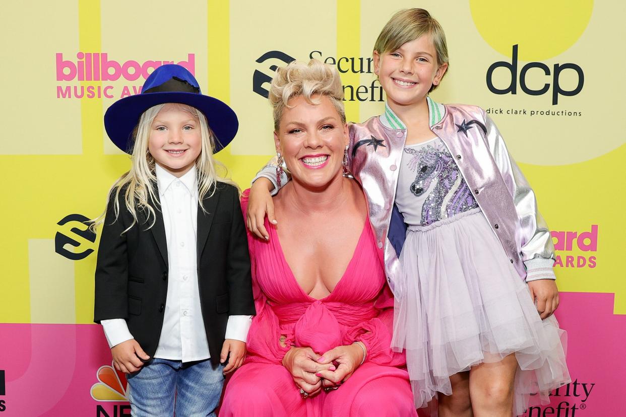 Jameson Moon Hart, P!nk, and Willow Sage Hart pose backstage for the 2021 Billboard Music Awards, broadcast on May 23, 2021 at Microsoft Theater in Los Angeles, California.