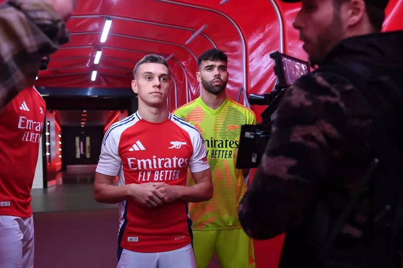 Leandro Trossard and David Raya during the Arsenal and Adidas kit shoot at Emirates Stadium.