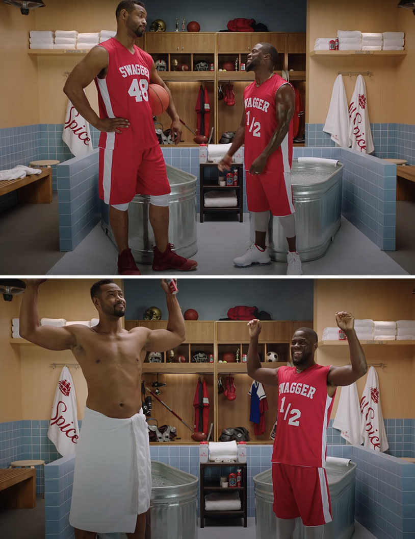 Isaiah and Kevin in a locker room wearing red and white basketball jerseys that read "Swagger"