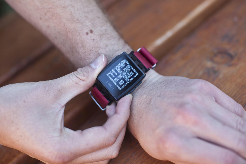 A Pebble Smart Watch is used at the company's headquarters in Palo Alto, Calif., Pebble Technology Corporation initially used Kickstarter to raise over 10 million dollars. The smartwatch uses bluetooth technology to connect to a smartphone. (Photo by Ramin Talaie/Corbis via Getty Images)