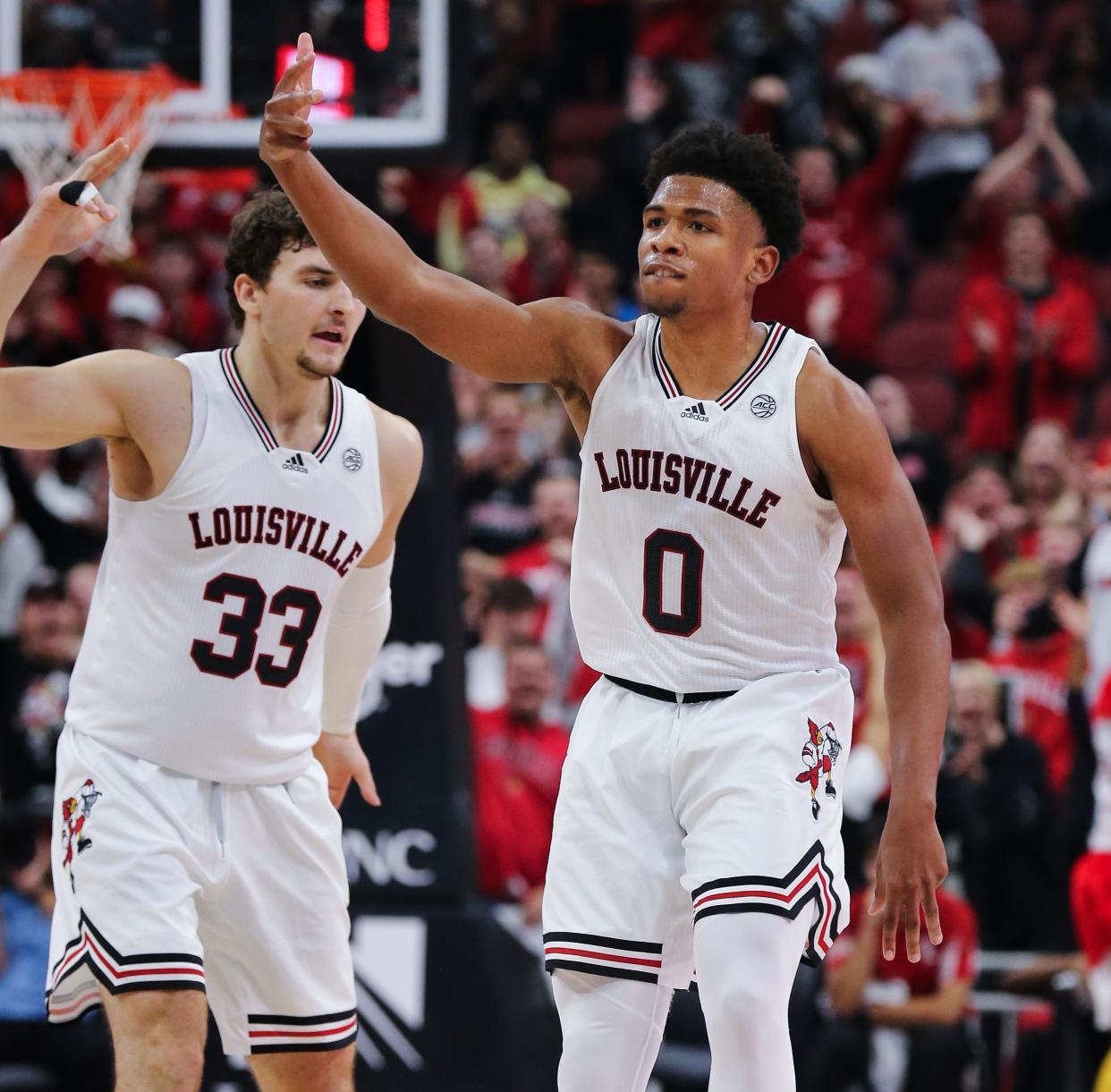 Louisville's leading scorer, Noah Locke, reacts after hitting a 3-point shot earlier this season.