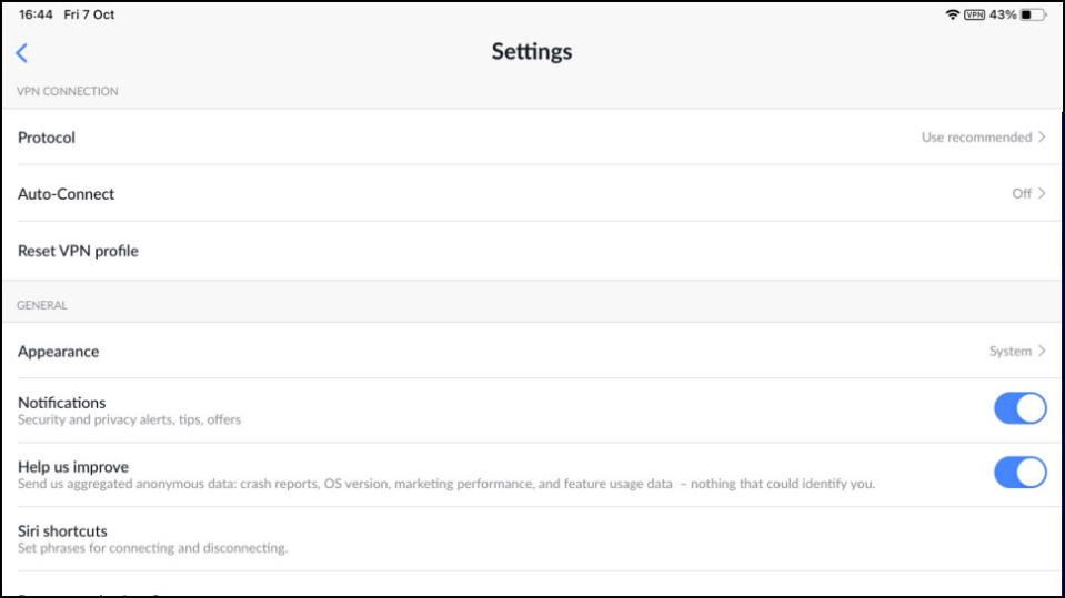 NordVPN iOS App Settings