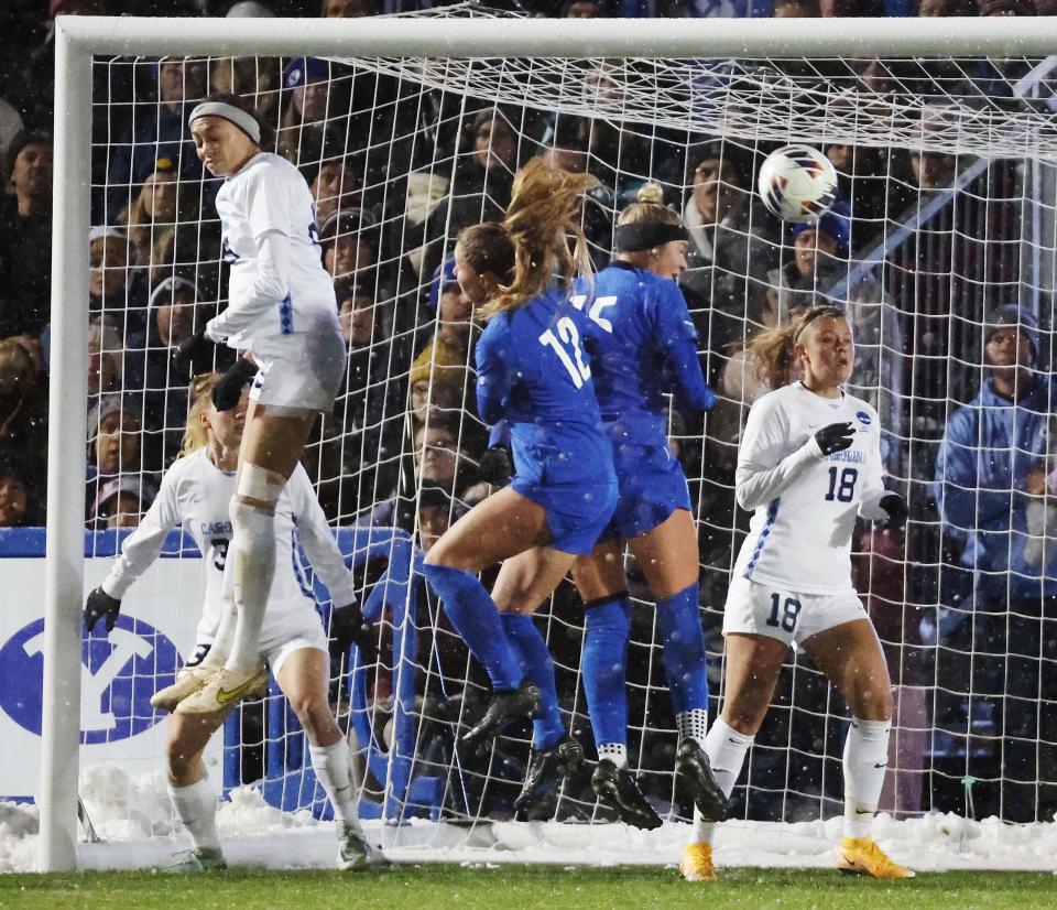 BYU and North Carolina compete during a corner kick during the NCAA tournament quarterfinals in Provo on Friday, Nov. 24, 2023. | Jeffrey D. Allred, Deseret News