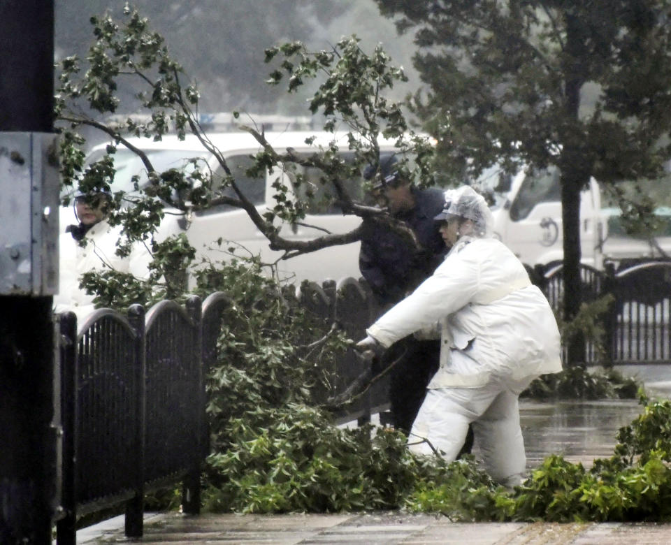 Police officers attempt to remove fallen trees following a powerful typhoon in Osaka, western Japan, Tuesday, Sept. 4, 2018. A powerful typhoon blew through western Japan on Tuesday, causing heavy rain to flood the region's main offshore international airport and high winds to blow a tanker into a connecting bridge, disrupting land and air travel. (Nobuki Ito/Kyodo News via AP)