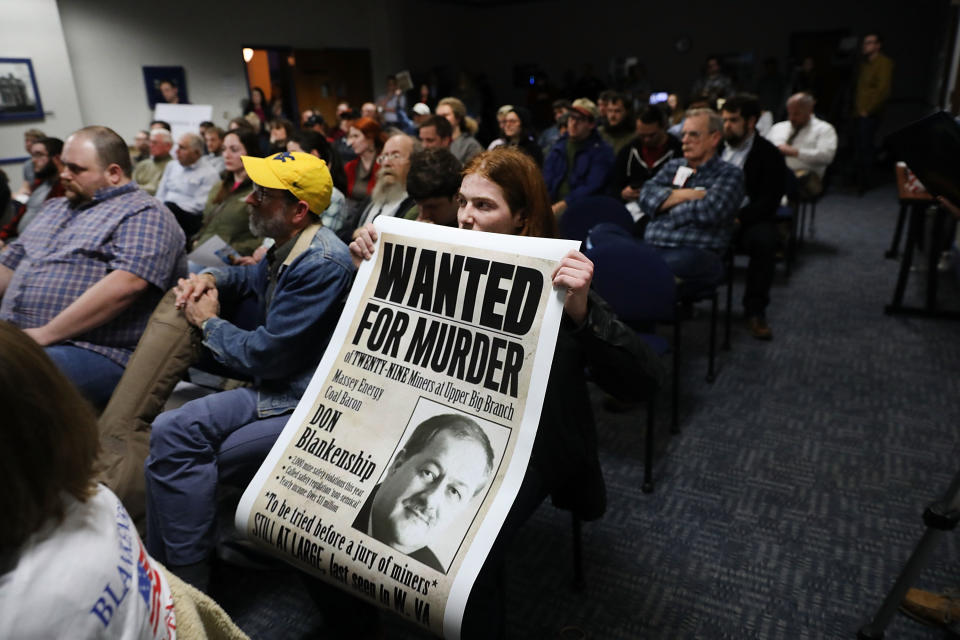 A student protester demonstrates against Don Blankenship, Republican candidate for U.S. Senate, as he speaks at a town hall meeting at West Virginia University on March 1 in Morgantown, W.Va. (Photo: Spencer Platt/Getty Images)