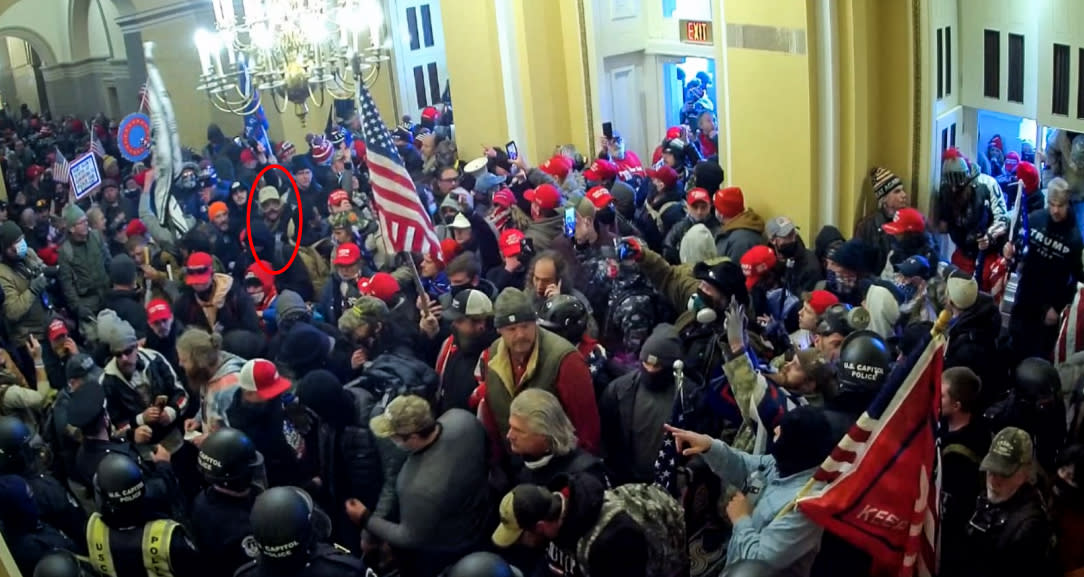 Jacob Hiles, indicated by the red circle, at the Capitol on Jan. 6, 2021. (Dept. of Justice)