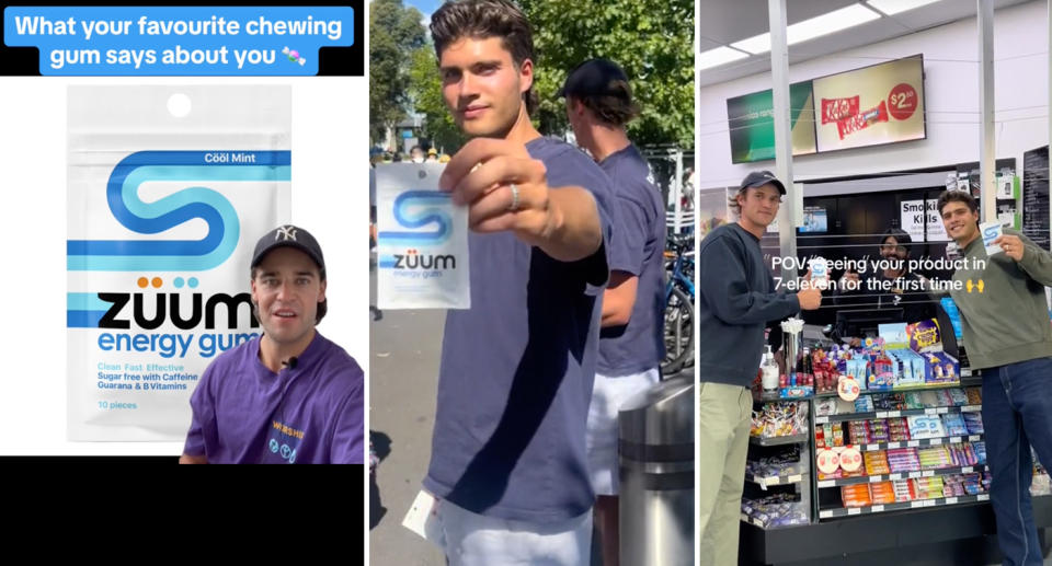 Alex Chambers features in a video comparing gums (left), Hugo Gray holds up a pack of Zuum (centre) and Eamon Roderick and Hugo Gray celebrate seeing the gum in a 7Eleven (right).