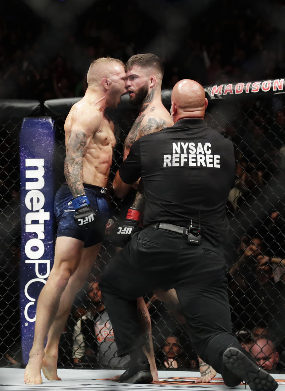 T.J. Dillashaw (L) celebrates after beating Cody Garbrandt during their bantamweight title fight at UFC 217. (AP)