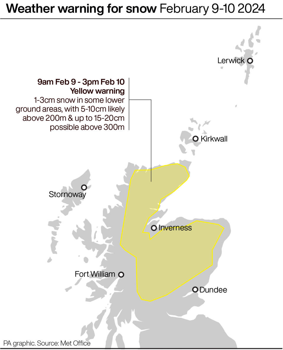 Weather warnings in Scotland from Friday to Saturday. (PA)