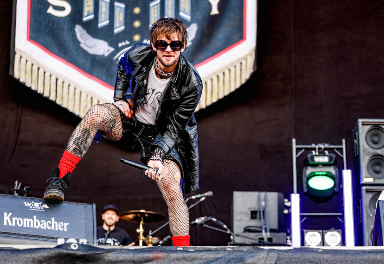 04 August 2023, Schleswig-Holstein, Wacken: Lawrence Taylor, singer of the British band “While She Sleeps” stands on the Louder Stage during his band’s performance at Wacken Open Air. Photo: Axel Heimken/dpa (Photo by Axel Heimken/picture alliance via Getty Images)