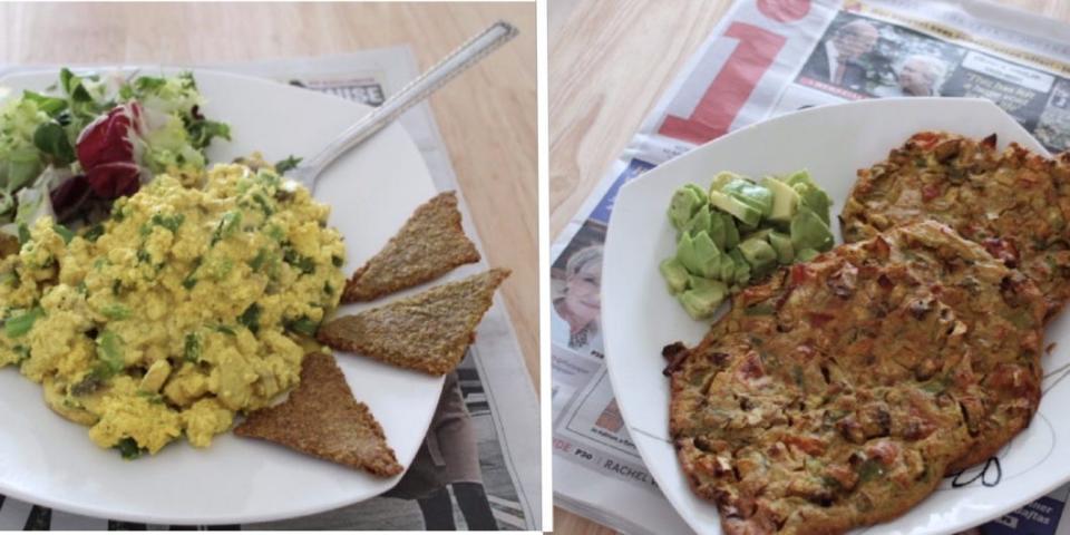 a tofu scramble with greens and seed crackers; a breakfast plate of chickpea cakes and avocado